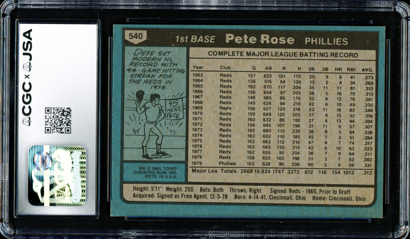 Pete Rose Autographed 1980 Topps Card #540 Philadelphia Phillies Card Grade 8 CGC x JSA #6078164220