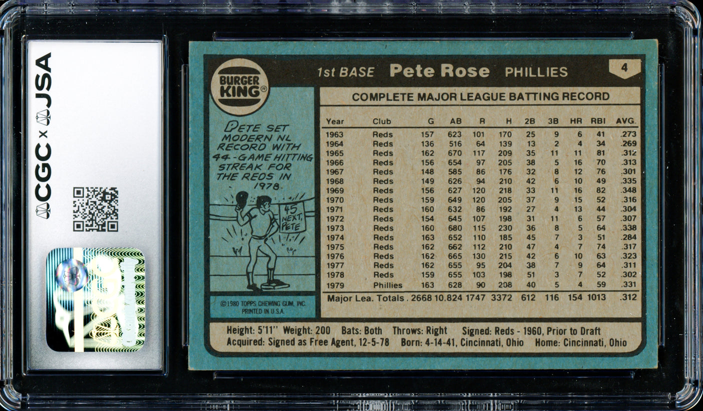 Pete Rose Autographed 1980 Topps Card #540 Philadelphia Phillies CGC x JSA #6078164219