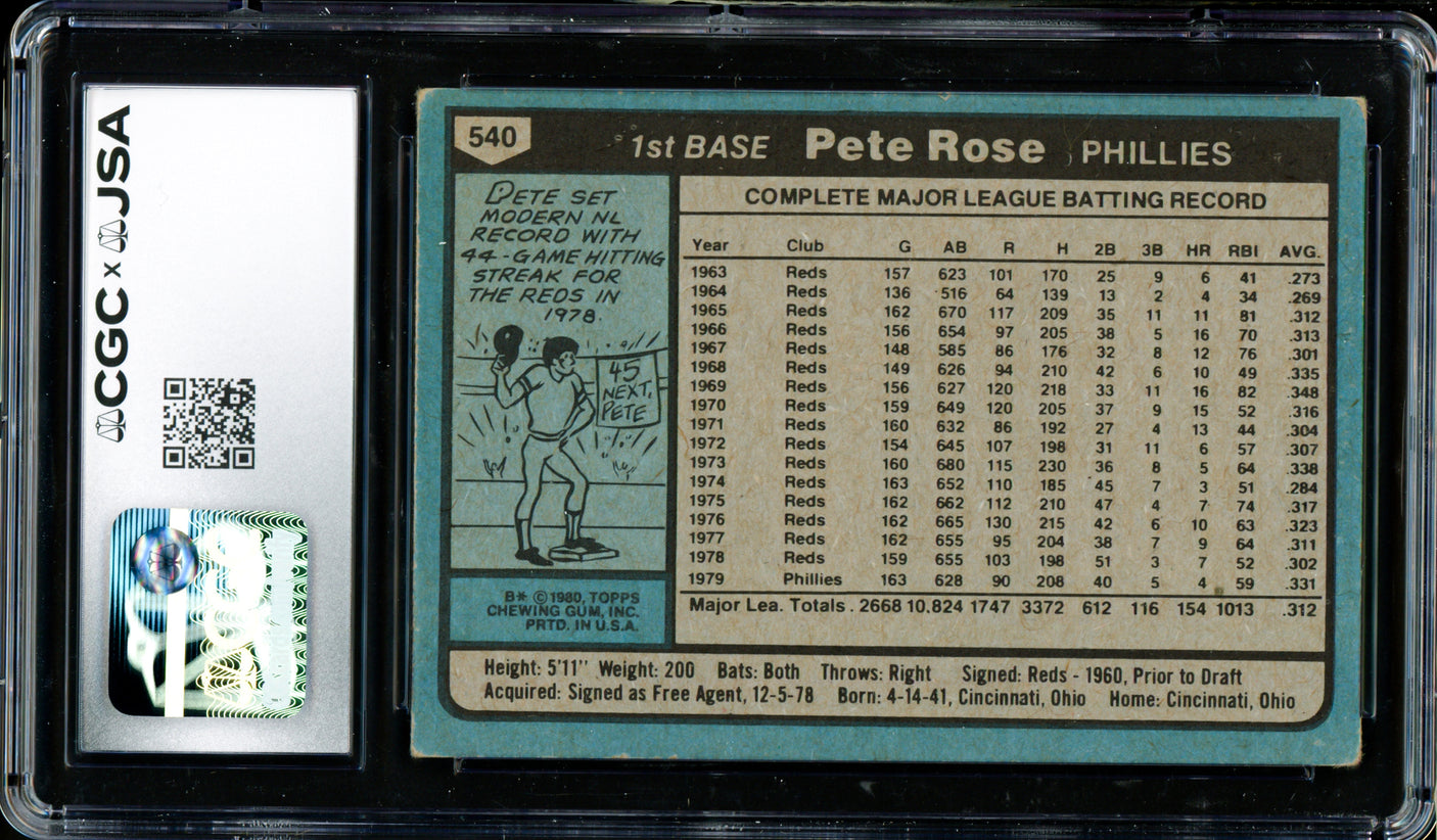 Pete Rose Autographed 1980 Topps Card #540 Philadelphia Phillies CGC x JSA #6078164216