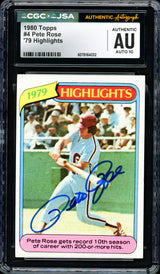 Pete Rose Autographed 1980 Topps Card #4 Philadelphia Phillies Auto Grade Gem Mint 10 CGC x JSA #6078164222
