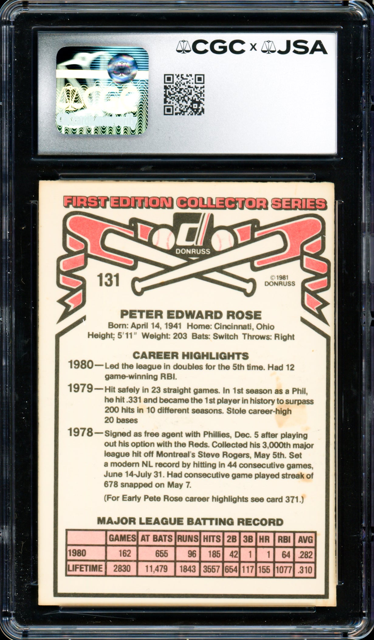 Pete Rose Autographed 1981 Donruss Card #131 Philadelphia Phillies CGC x JSA #6078164235