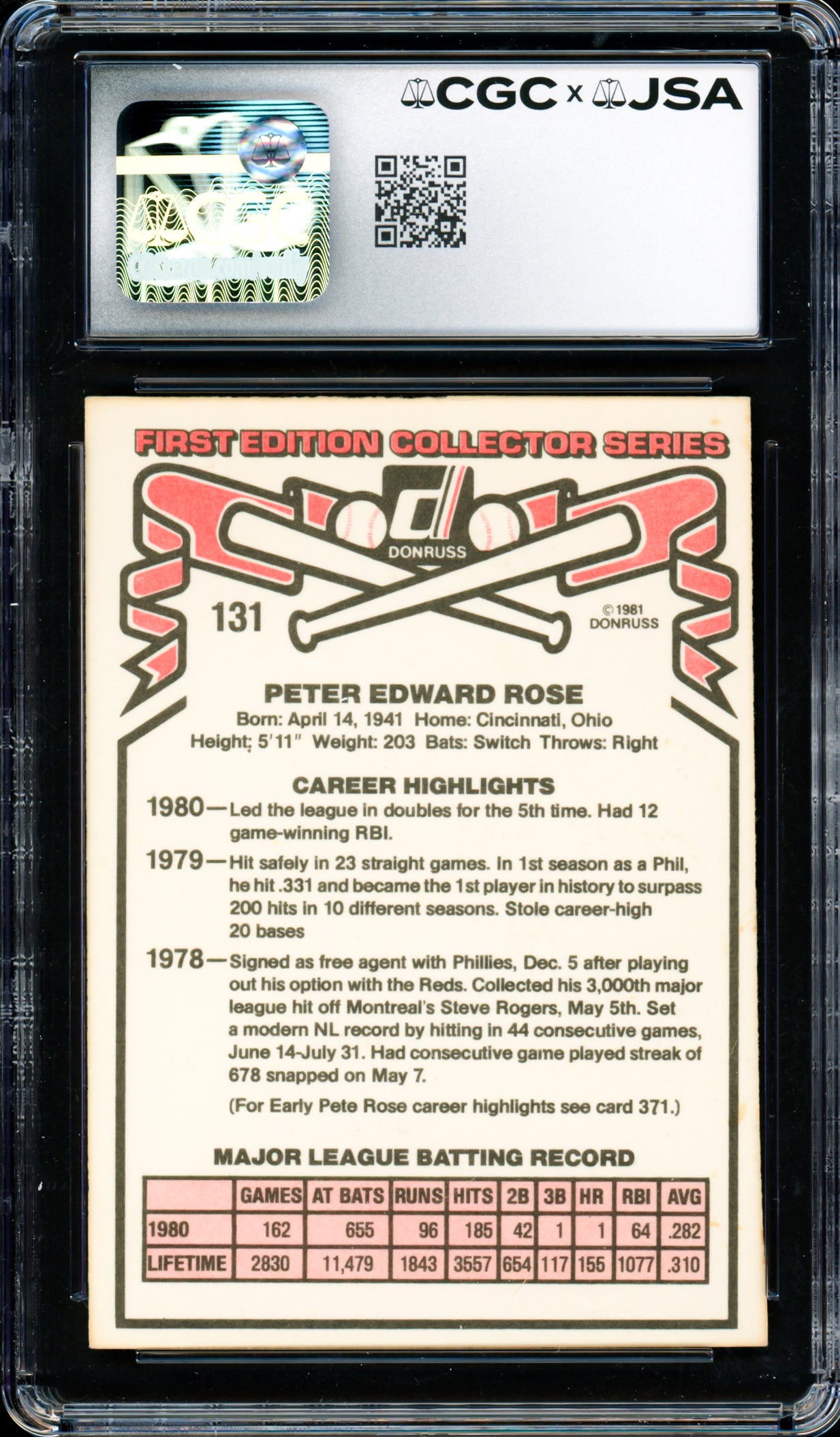 Pete Rose Autographed 1981 Donruss Card #131 Philadelphia Phillies CGC x JSA #6078164234