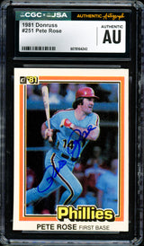 Pete Rose Autographed 1981 Donruss Card #251 Philadelphia Phillies CGC x JSA #6078164243