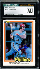 Pete Rose Autographed 1981 Donruss Card #251 Philadelphia Phillies CGC x JSA #6078164245