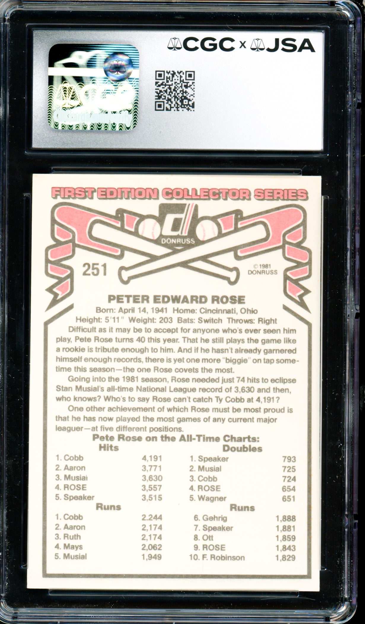 Pete Rose Autographed 1981 Donruss Card #251 Philadelphia Phillies CGC x JSA #6078164245