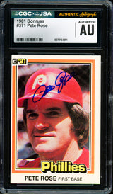 Pete Rose Autographed 1981 Donruss Card #371 Philadelphia Phillies CGC x JSA #6078164251
