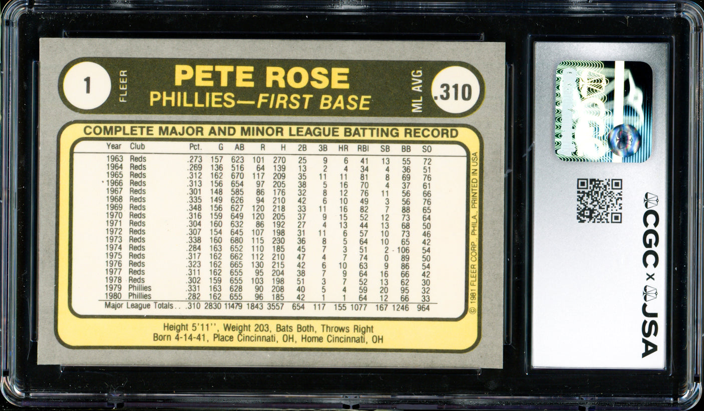 Pete Rose Autographed 1981 Fleer Card #1 Philadelphia Phillies Card Grade 9 CGC x JSA #6078164273
