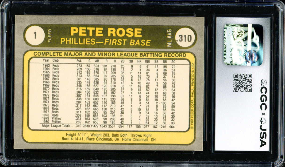 Pete Rose Autographed 1981 Fleer Card #1 Philadelphia Phillies Card Grade 9 CGC x JSA #6078164275