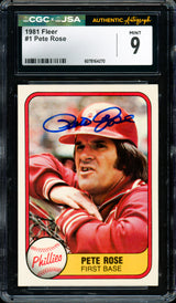 Pete Rose Autographed 1981 Fleer Card #1 Philadelphia Phillies Card Grade 9 CGC x JSA #6078164270