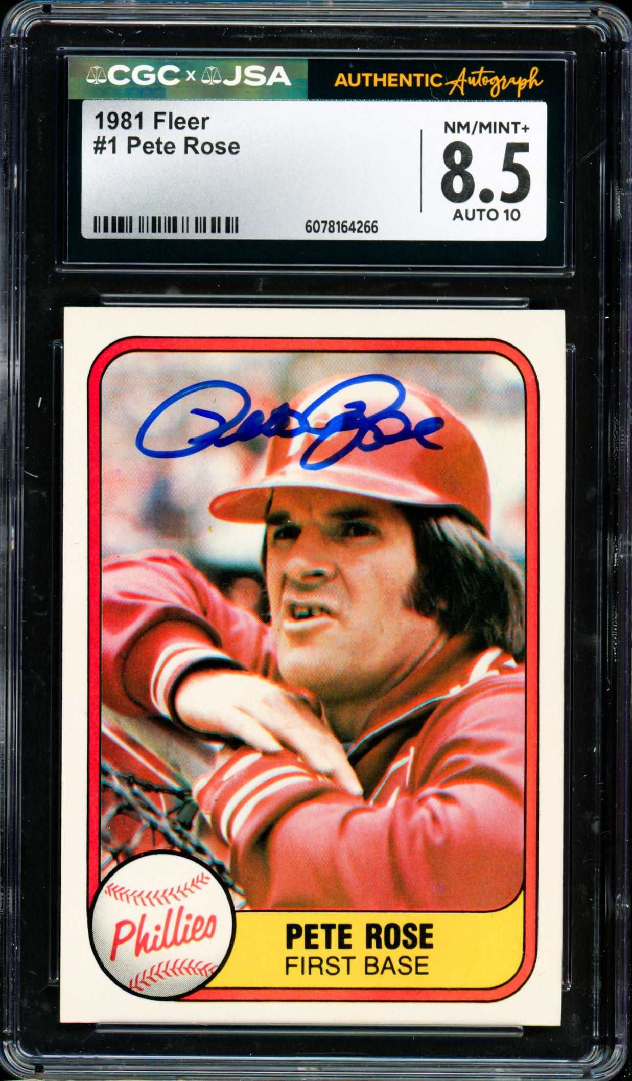 Pete Rose Autographed 1981 Fleer Card #1 Philadelphia Phillies Card Grade 8.5 Auto Grade Gem Mint 10 CGC x JSA #6078164266