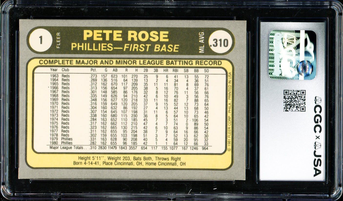 Pete Rose Autographed 1981 Fleer Card #1 Philadelphia Phillies Card Grade 8.5 Auto Grade Gem Mint 10 CGC x JSA #6078164266