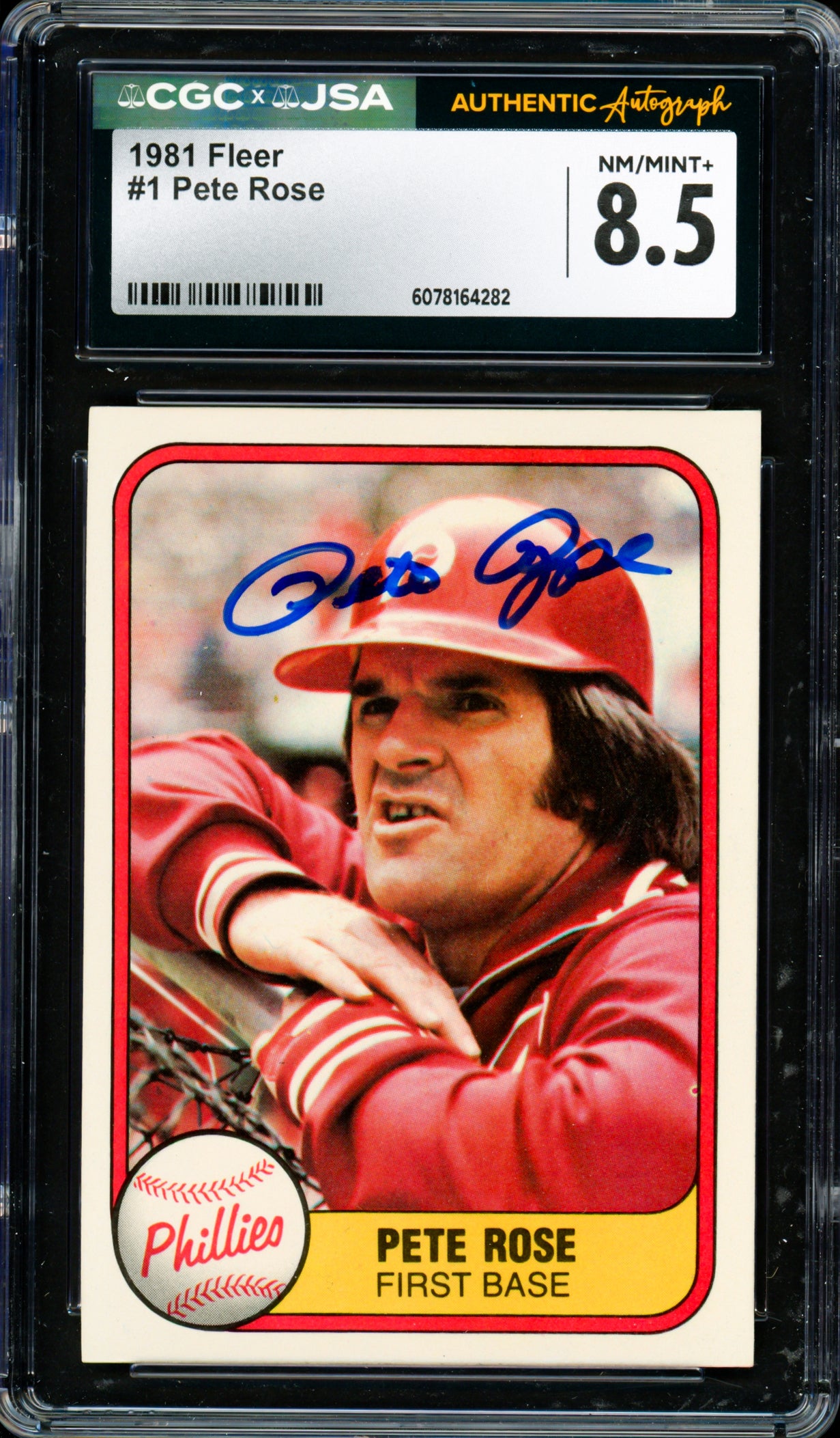 Pete Rose Autographed 1981 Fleer Card #1 Philadelphia Phillies Card Grade 8.5 CGC x JSA #6078164282