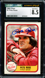 Pete Rose Autographed 1981 Fleer Card #1 Philadelphia Phillies Card Grade 8.5 CGC x JSA #6078164282