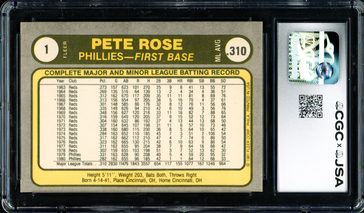 Pete Rose Autographed 1981 Fleer Card #1 Philadelphia Phillies Card Grade 8.5 CGC x JSA #6078164284