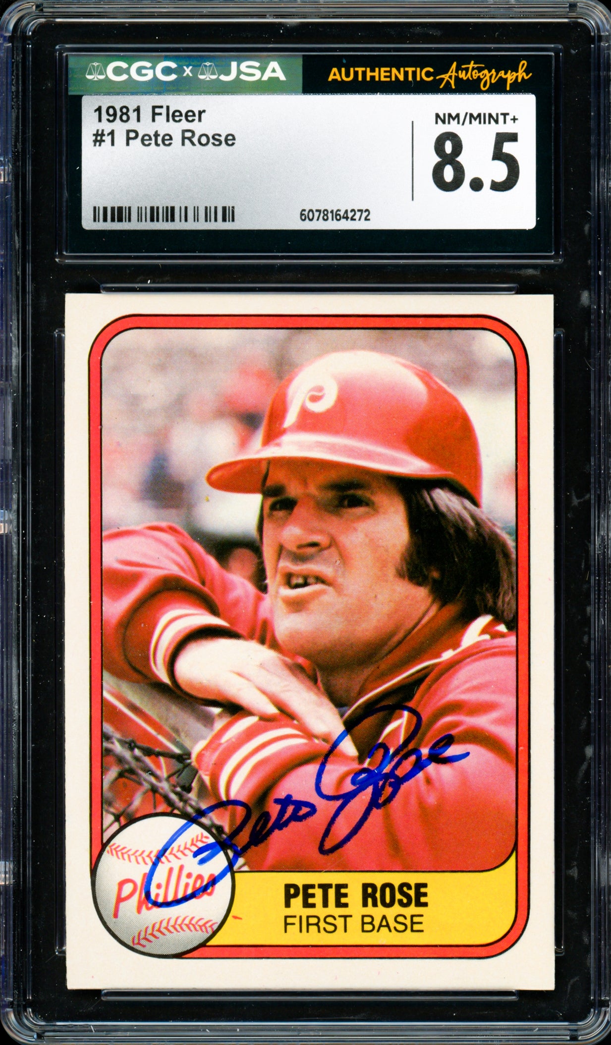 Pete Rose Autographed 1981 Fleer Card #1 Philadelphia Phillies Card Grade 8.5 CGC x JSA #6078164272