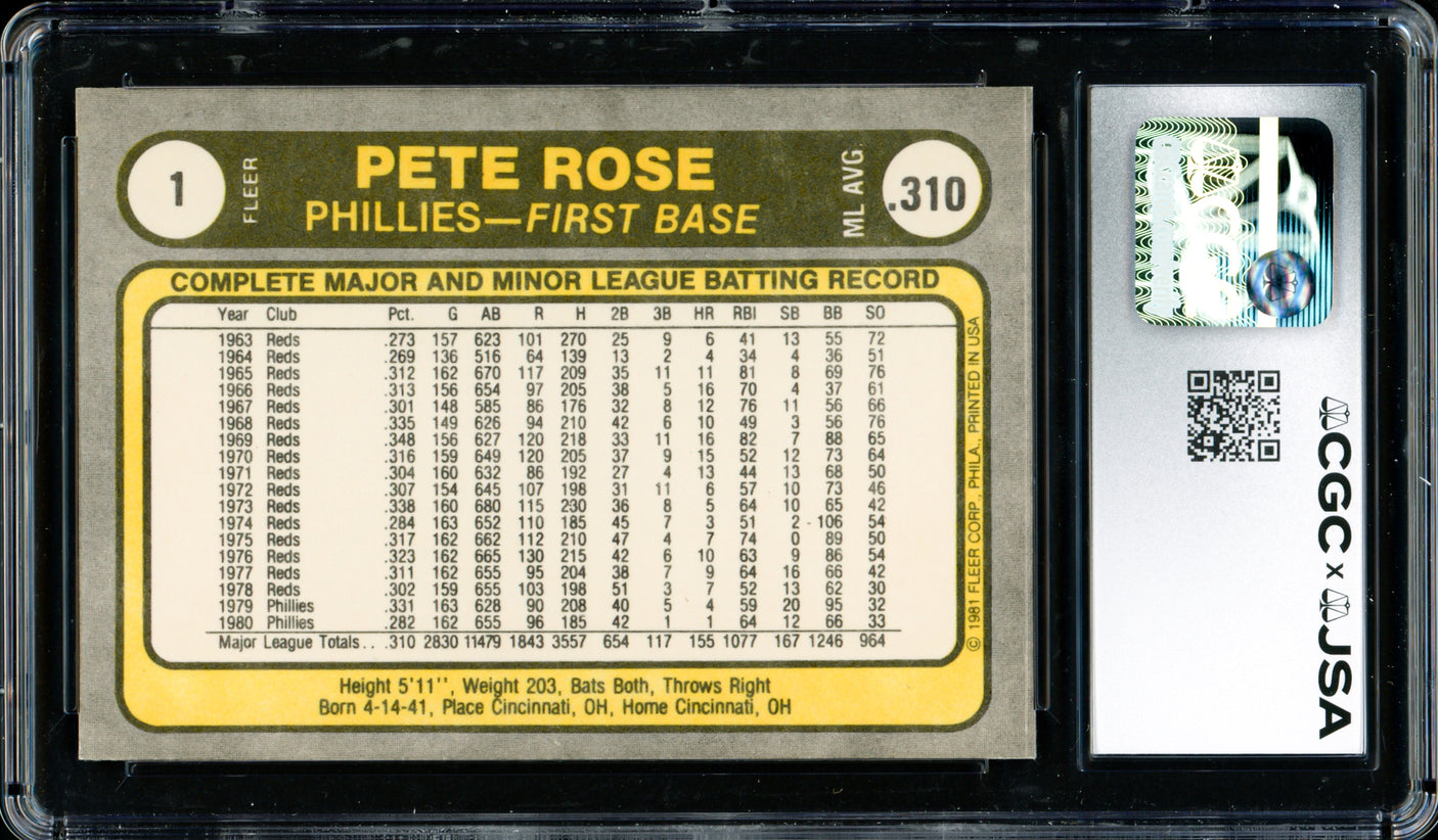 Pete Rose Autographed 1981 Fleer Card #1 Philadelphia Phillies Card Grade 8.5 CGC x JSA #6078164272