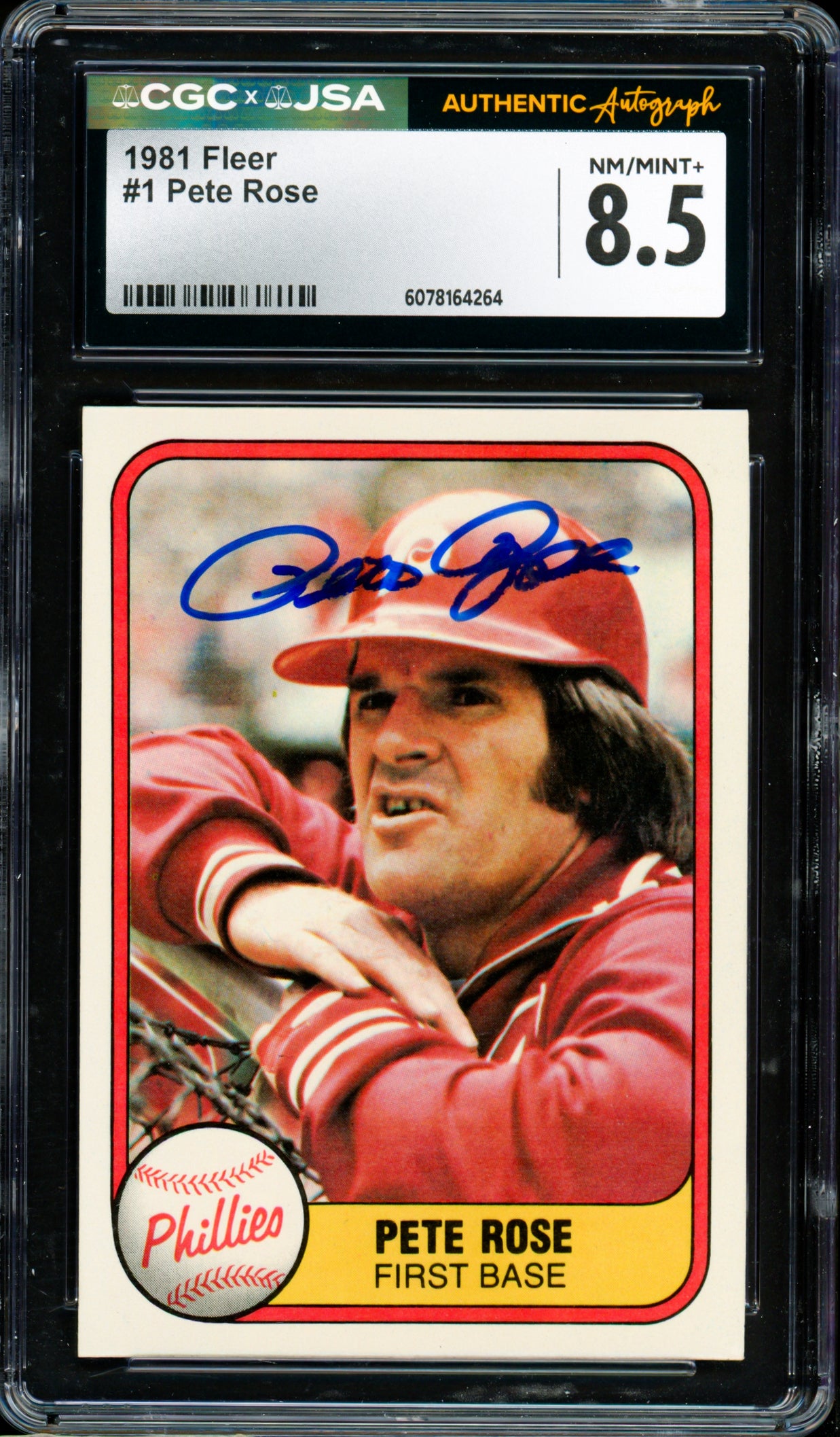 Pete Rose Autographed 1981 Fleer Card #1 Philadelphia Phillies Card Grade 8.5 CGC x JSA #6078164264