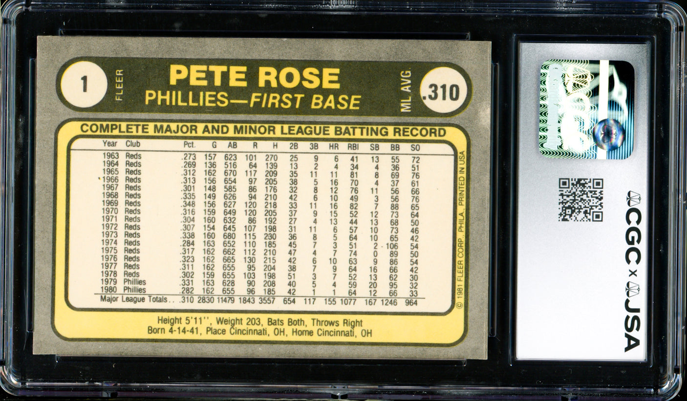 Pete Rose Autographed 1981 Fleer Card #1 Philadelphia Phillies Card Grade 8.5 CGC x JSA #6078164264