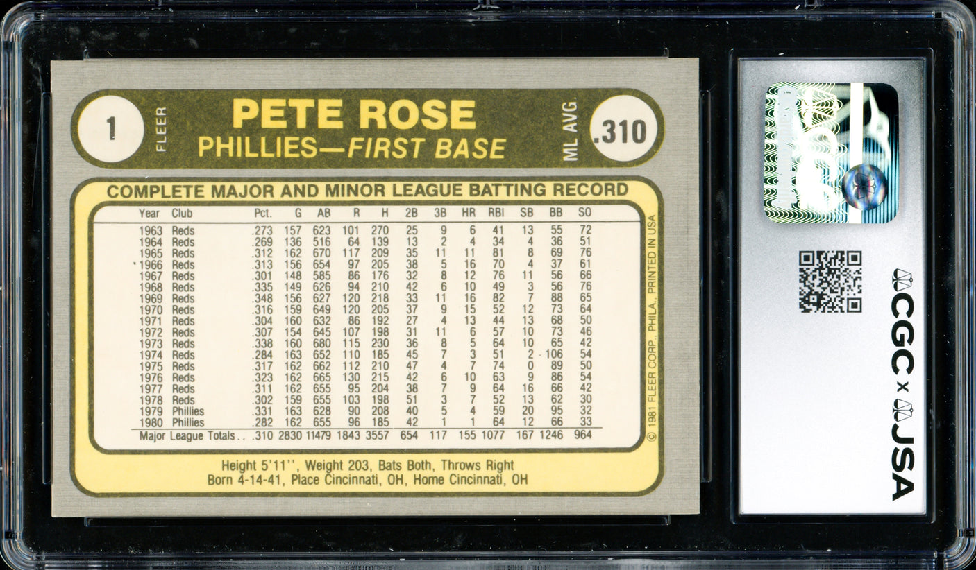 Pete Rose Autographed 1981 Fleer Card #1 Philadelphia Phillies Card Grade 8 CGC x JSA #6078164267