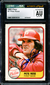 Pete Rose Autographed 1981 Fleer Card #1 Philadelphia Phillies Auto Grade Gem Mint 10 CGC x JSA #6078164287