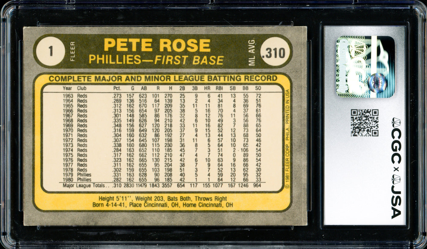 Pete Rose Autographed 1981 Fleer Card #1 Philadelphia Phillies Auto Grade Gem Mint 10 CGC x JSA #6078164287