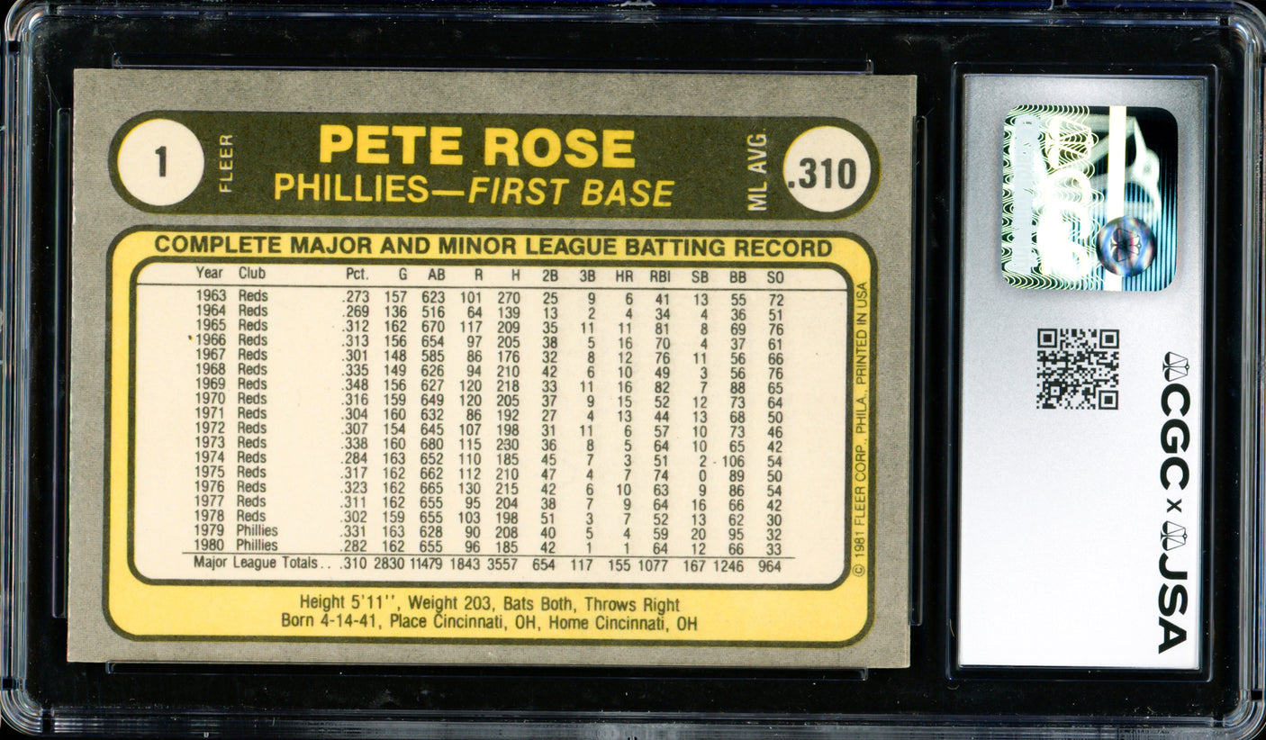 Pete Rose Autographed 1981 Fleer Card #1 Philadelphia Phillies Auto Grade Gem Mint 10 CGC x JSA #6078164262