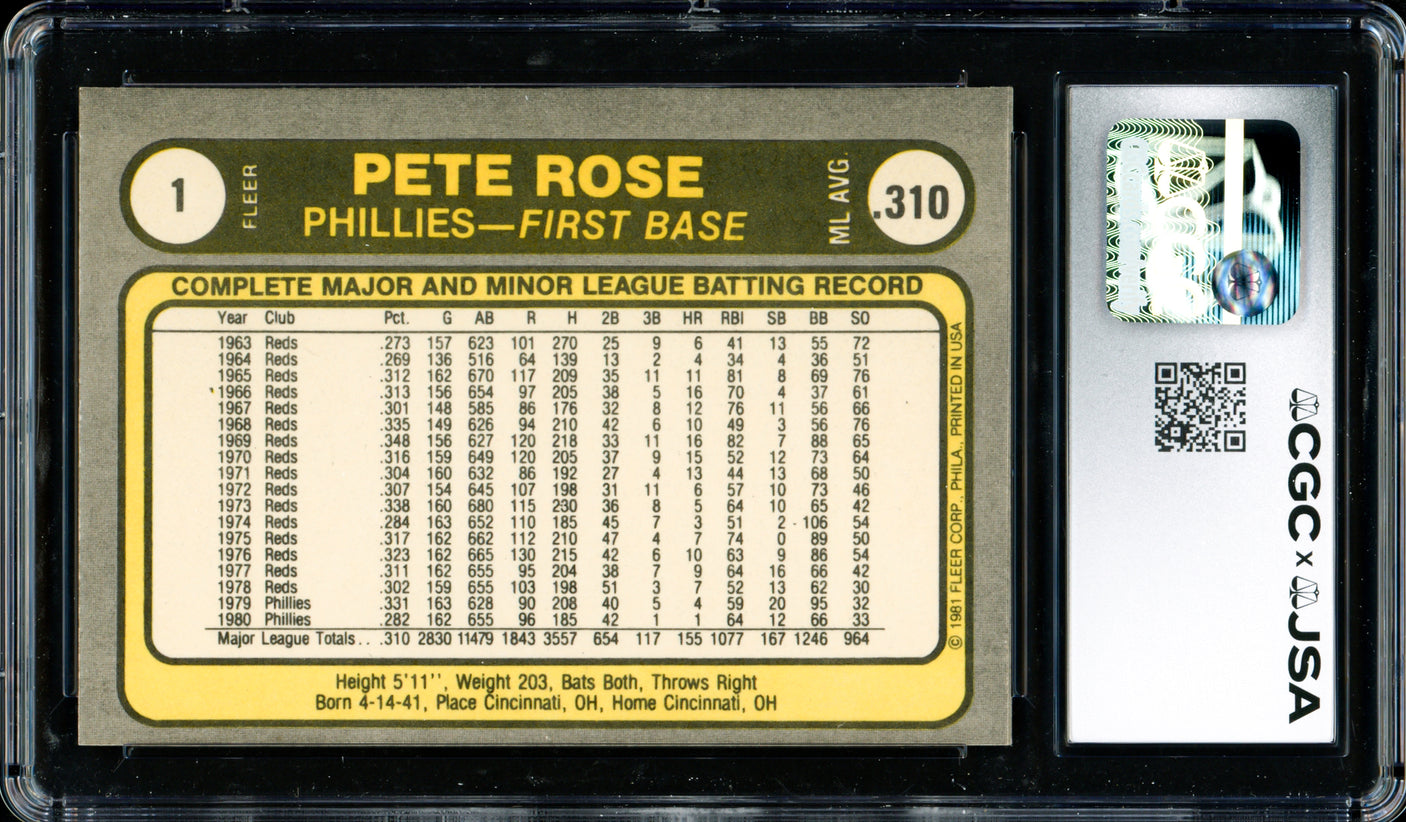 Pete Rose Autographed 1981 Fleer Card #1 Philadelphia Phillies CGC x JSA #6078164257