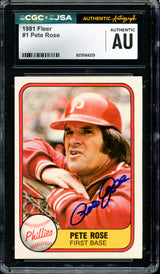 Pete Rose Autographed 1981 Fleer Card #1 Philadelphia Phillies CGC x JSA #6078164259