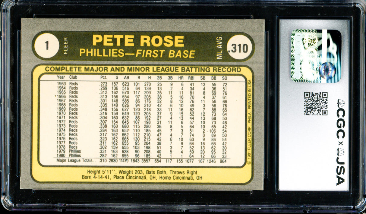 Pete Rose Autographed 1981 Fleer Card #1 Philadelphia Phillies CGC x JSA #6078164259