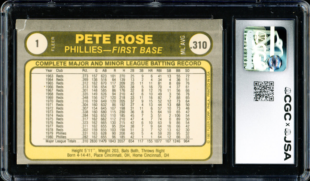 Pete Rose Autographed 1981 Fleer Card #1 Philadelphia Phillies CGC x JSA #6078164256