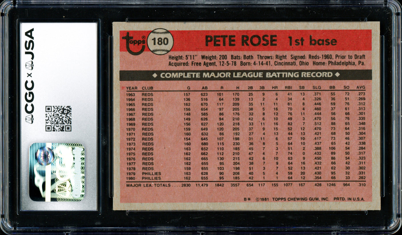 Pete Rose Autographed 1981 Topps Card #180 Philadelphia Phillies Card Grade 8 CGC x JSA #6078164293