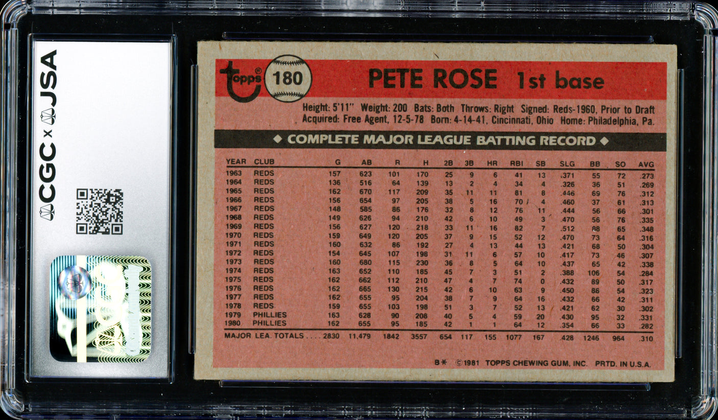 Pete Rose Autographed 1981 Topps Card #180 Philadelphia Phillies CGC x JSA #6078164294