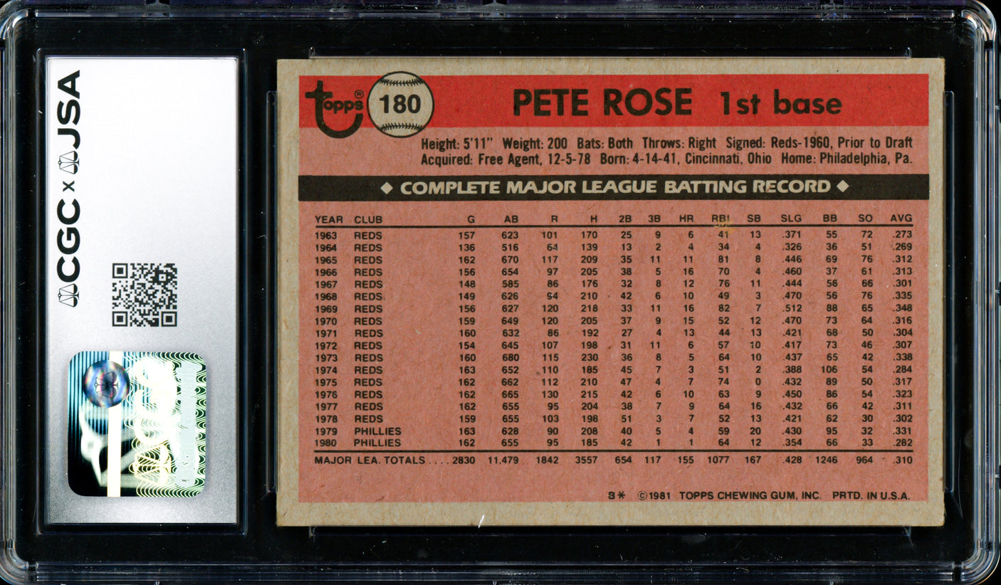 Pete Rose Autographed 1981 Topps Card #180 Philadelphia Phillies CGC x JSA #6078164295