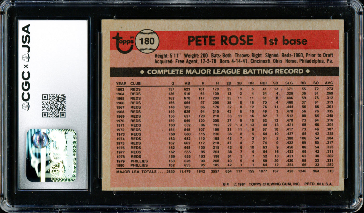 Pete Rose Autographed 1981 Topps Card #180 Philadelphia Phillies CGC x JSA #6078164296