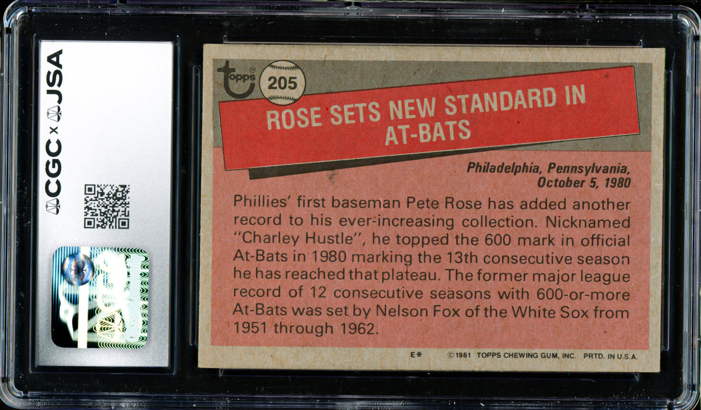 Pete Rose Autographed 1981 Topps Card #205 Philadelphia Phillies Card Grade 8 CGC x JSA #6078165006