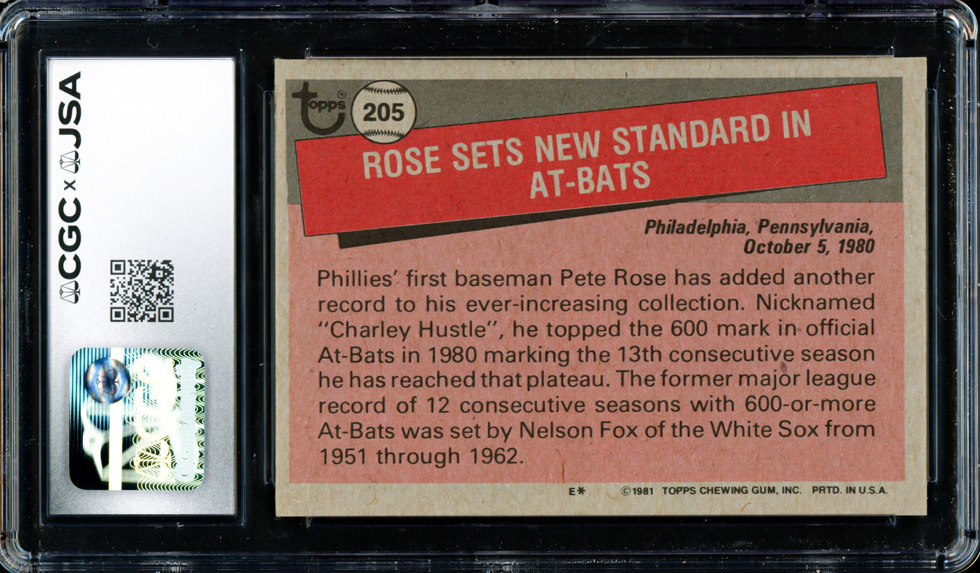 Pete Rose Autographed 1981 Topps Card #205 Philadelphia Phillies CGC x JSA #6078165001
