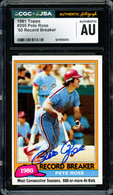 Pete Rose Autographed 1981 Topps Card #205 Philadelphia Phillies CGC x JSA #6078165003