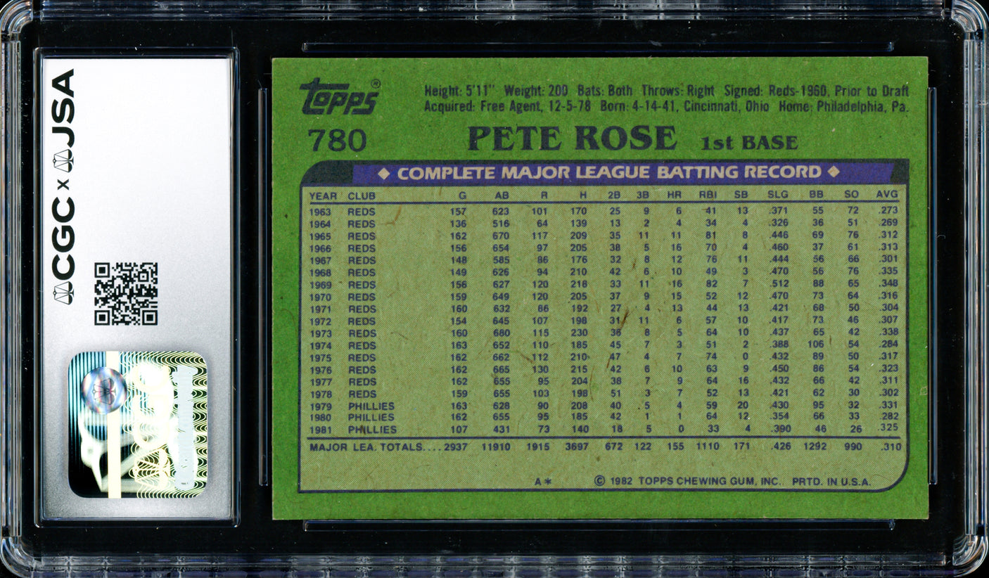 Pete Rose Autographed 1982 Topps Card #780 Philadelphia Phillies CGC x JSA #6078172290
