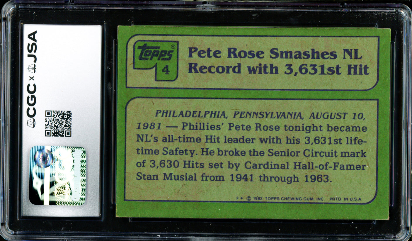 Pete Rose Autographed 1982 Topps Card #4 Philadelphia Phillies CGC x JSA #6078172205