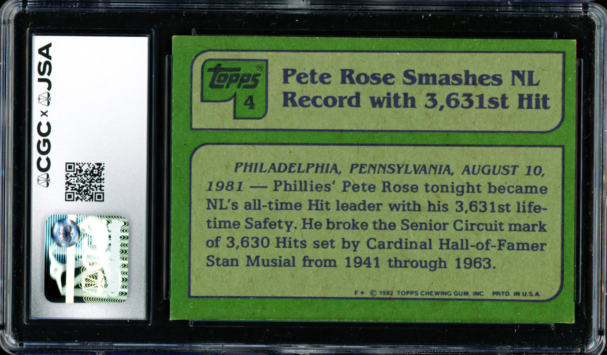 Pete Rose Autographed 1982 Topps Card #4 Philadelphia Phillies CGC x JSA #6078172204