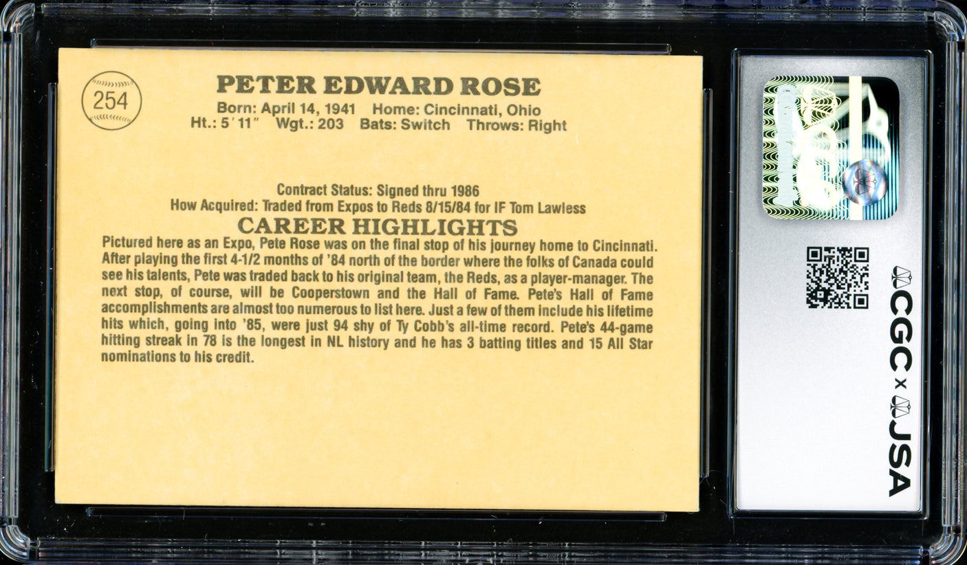 Pete Rose Autographed 1985 Donruss Card #254 Montreal Expos CGC x JSA #6078172163