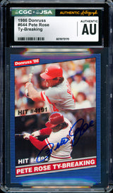 Pete Rose Autographed 1986 Donruss Card #644 Cincinnati Reds CGC x JSA #6078172170