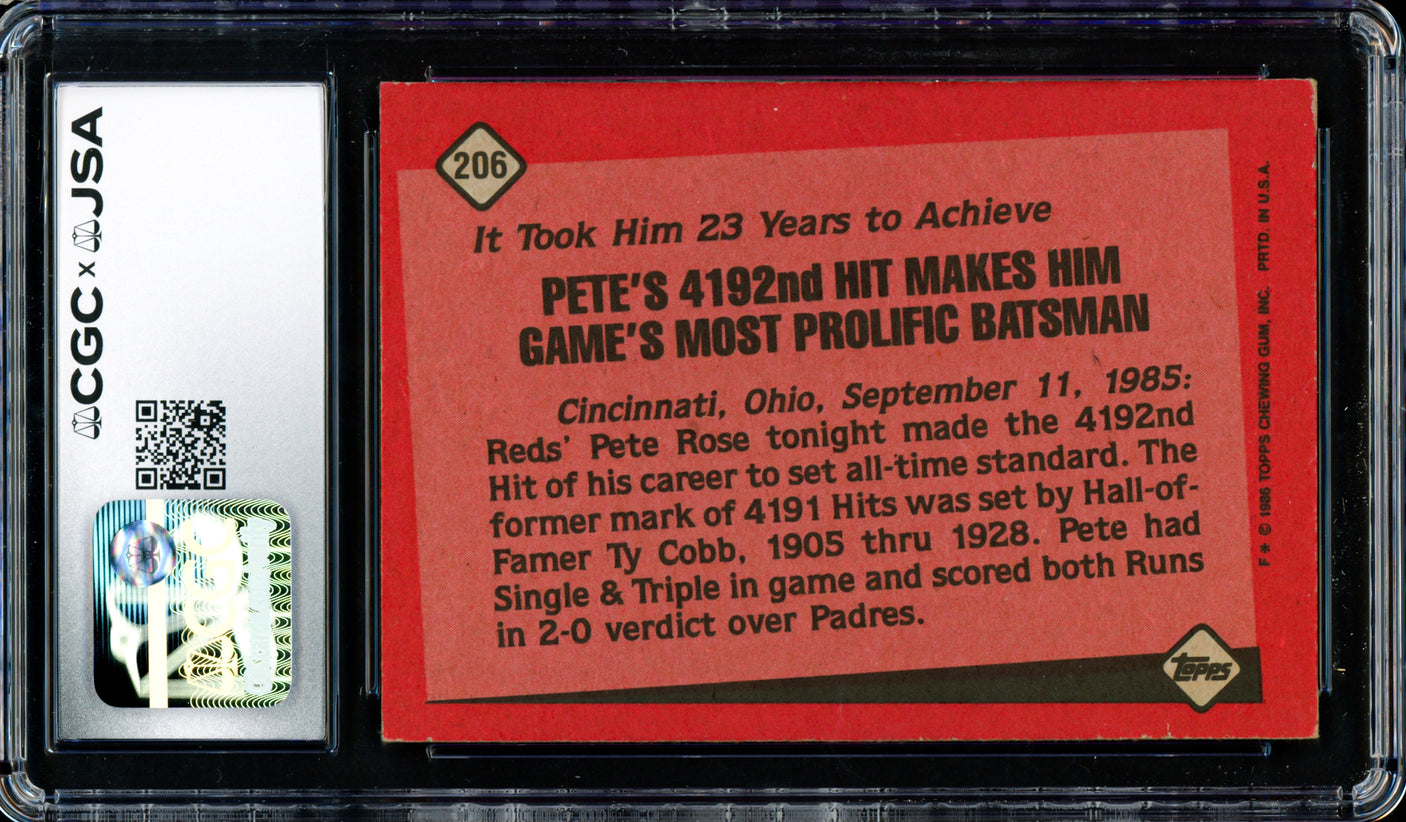 Pete Rose Autographed 1986 Topps Card #206 Cincinnati Reds CGC x JSA #6078172175