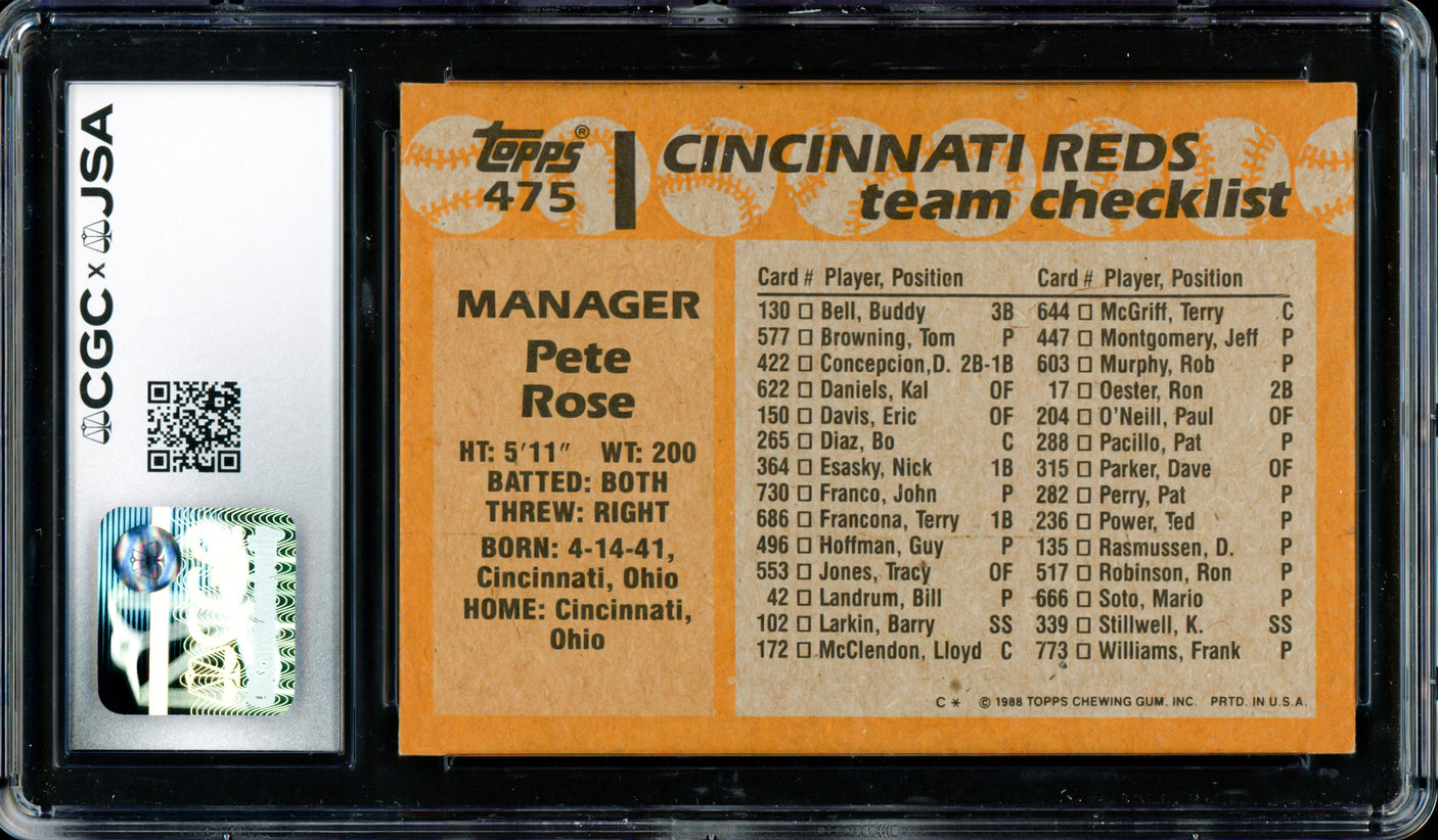 Pete Rose Autographed 1988 Topps Card #475 Cincinnati Reds CGC x JSA #6078172052