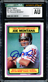 Joe Montana Autographed 1983 Topps Card #4 San Francisco 49ers CGC x JSA #6078164044