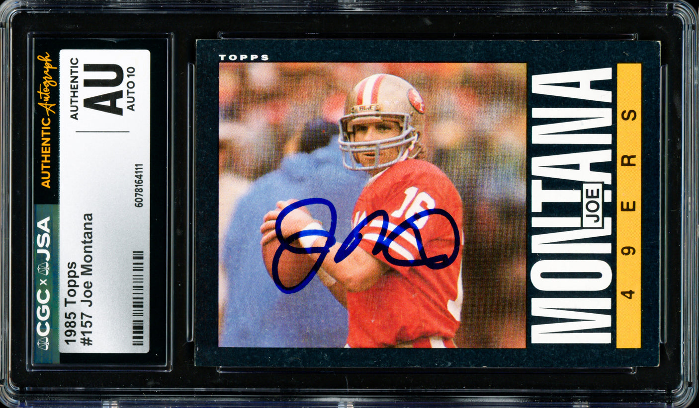 Joe Montana Autographed 1985 Topps Card #157 San Francisco 49ers Auto Grade Gem Mint 10 CGC x JSA #6078164111