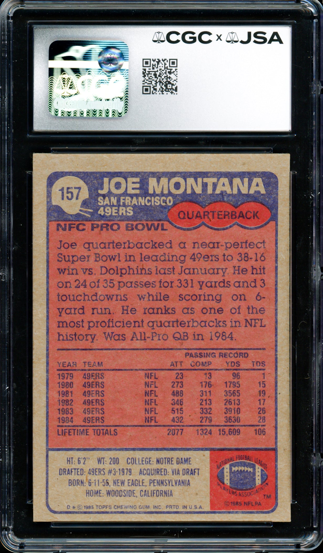Joe Montana Autographed 1985 Topps Card #157 San Francisco 49ers Auto Grade Gem Mint 10 CGC x JSA #6078164117