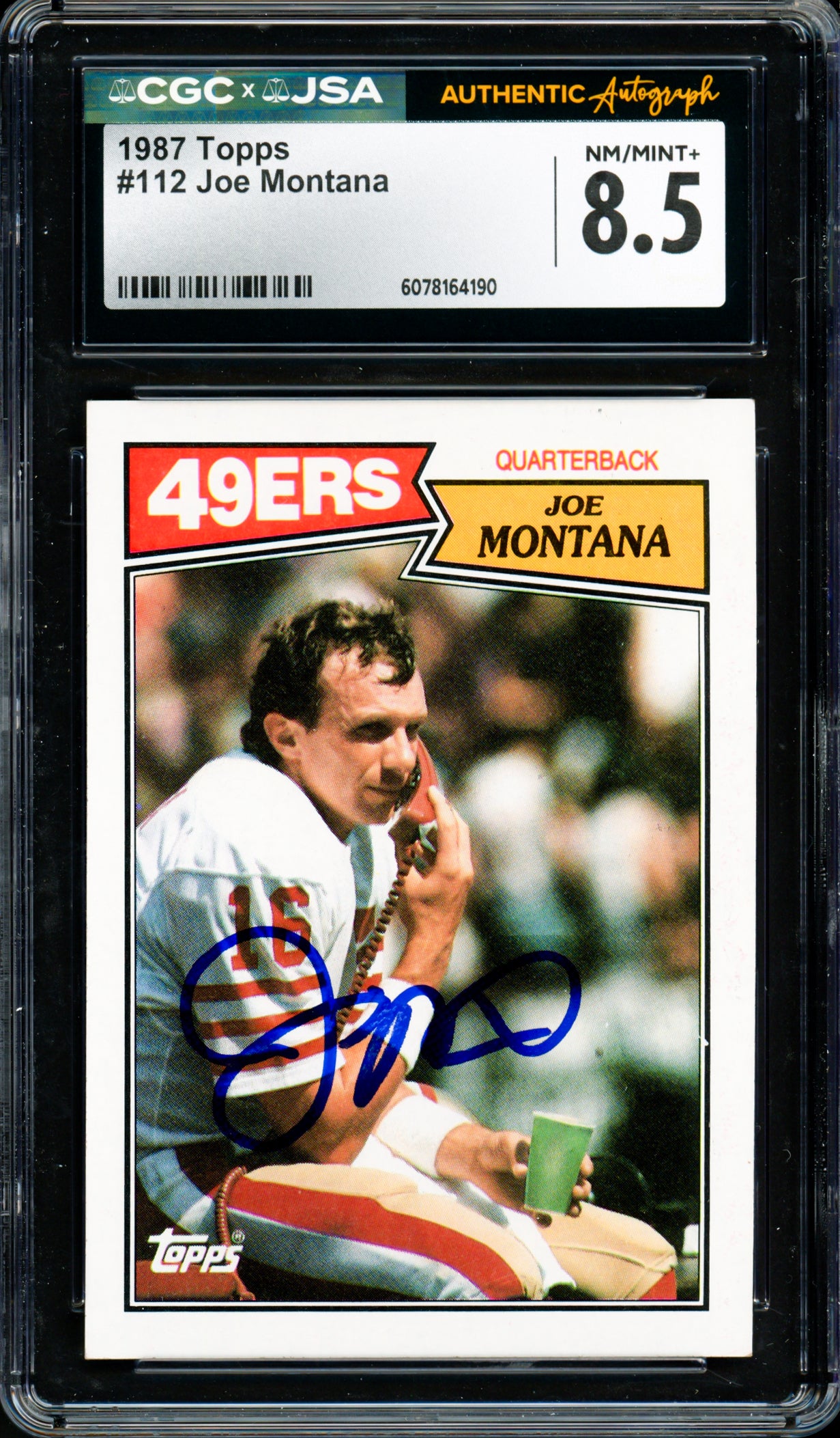 Joe Montana Autographed 1987 Topps Card #112 San Francisco 49ers Card Grade 8.5 CGC x JSA #6078164190