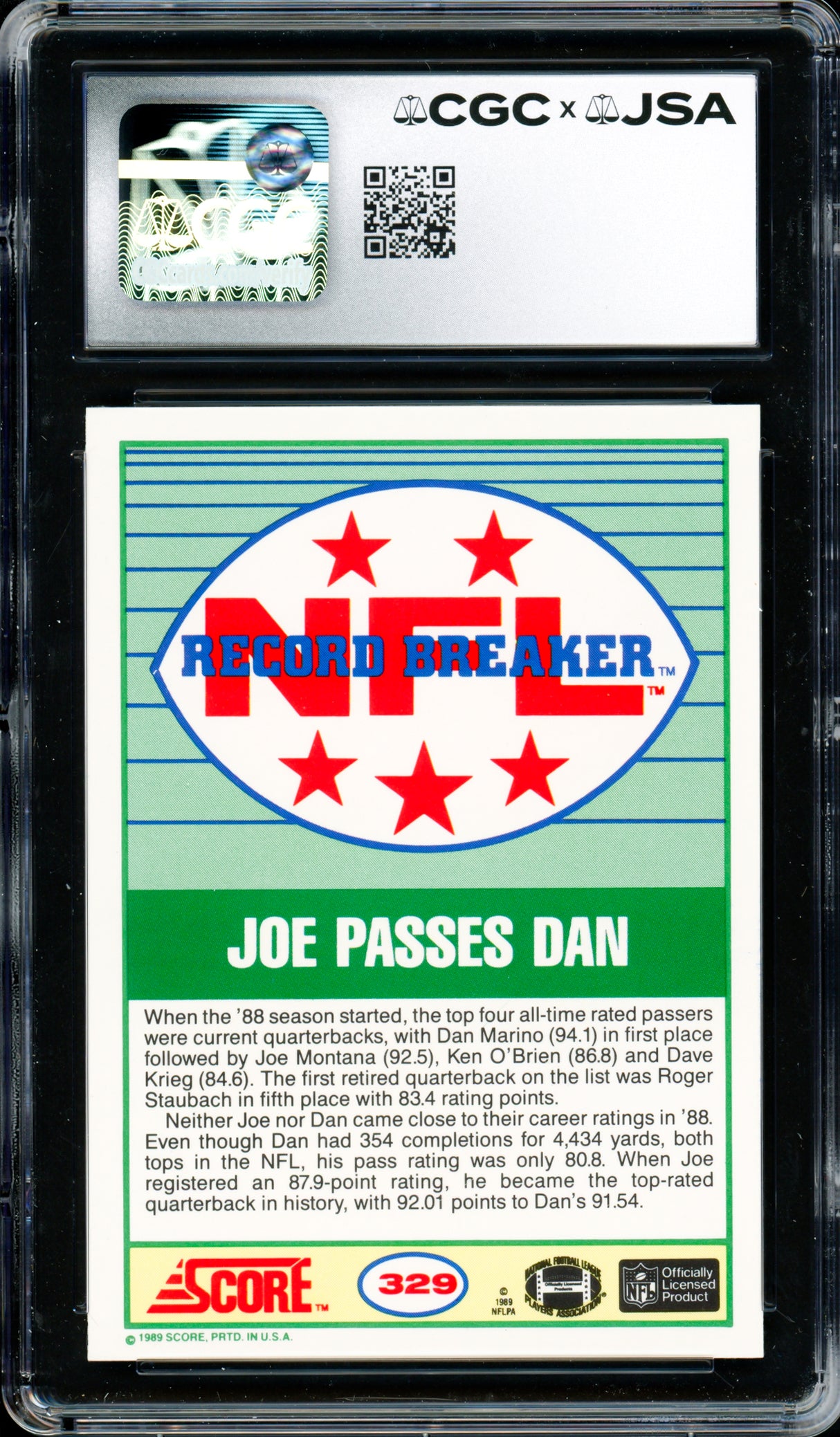Joe Montana Autographed 1989 Score Card #329 San Francisco 49ers Card Grade 9.5 Auto Grade Gem Mint 10 CGC x JSA #6078171192