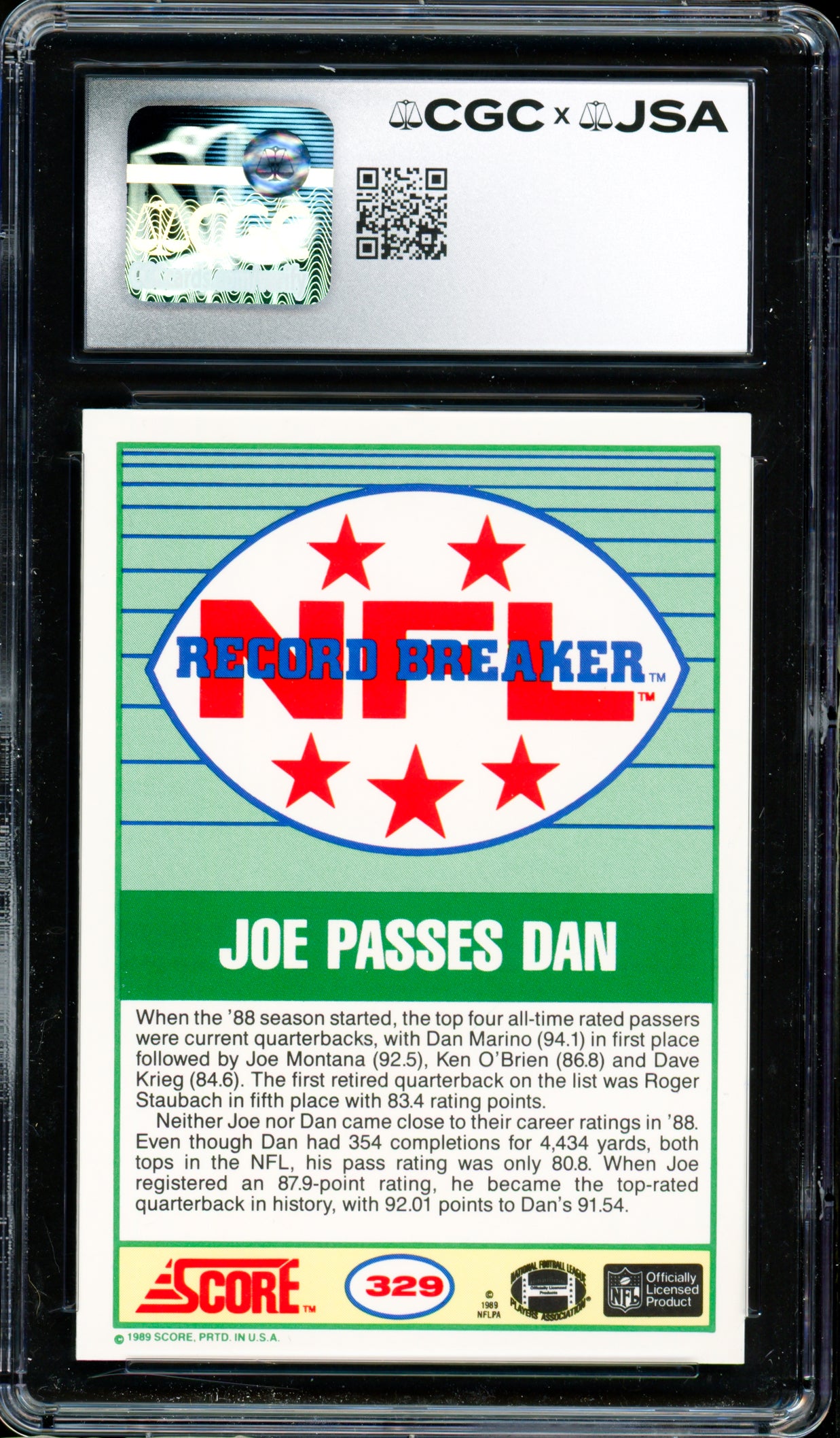 Joe Montana Autographed 1989 Score Card #329 San Francisco 49ers Card Grade 9 Auto Grade Gem Mint 10 CGC x JSA #6078171194